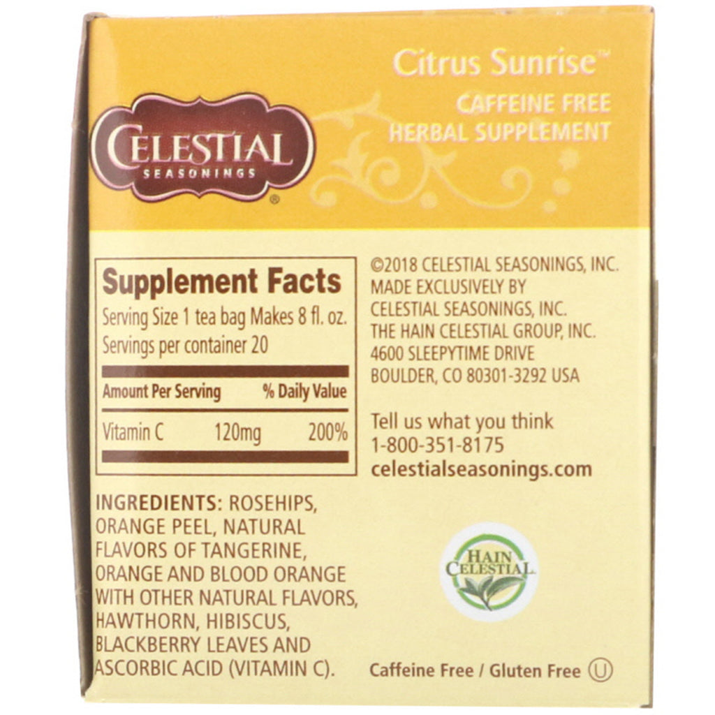 Celestial Seasonings, Té de hierbas, Citrus Sunrise, Sin cafeína, 20 bolsitas de té, 1,7 oz (47 g)
