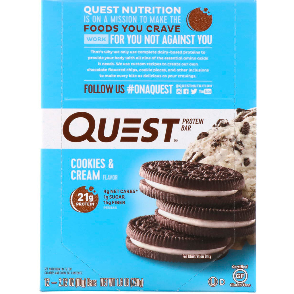 Quest Nutrition, barra de proteína, galletas y crema, 12 barras, 2,12 oz (60 g) cada una