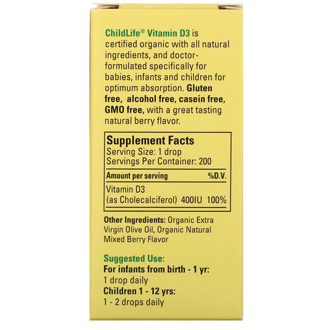 ChildLife,  Vitamin D3 Drops, Natural Berry Flavor, 400 IU, 0.338 fl oz (10 ml)
