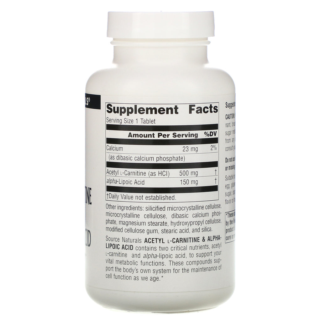 Source Naturals, Acetil L-carnitina y ácido alfa lipoico, 650 mg, 120 tabletas