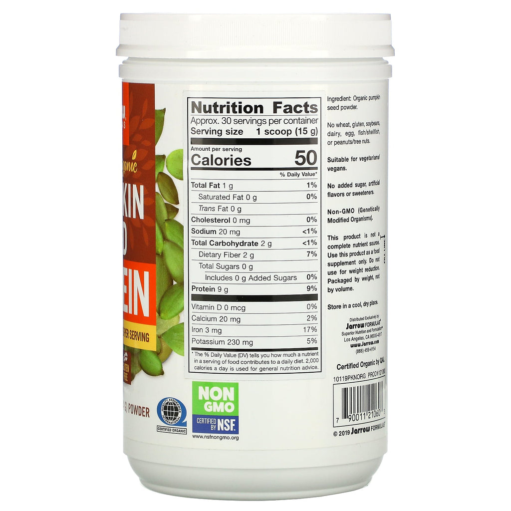 Jarrow Formulas, Proteína de semilla de calabaza certificada, 16 oz (454 g)