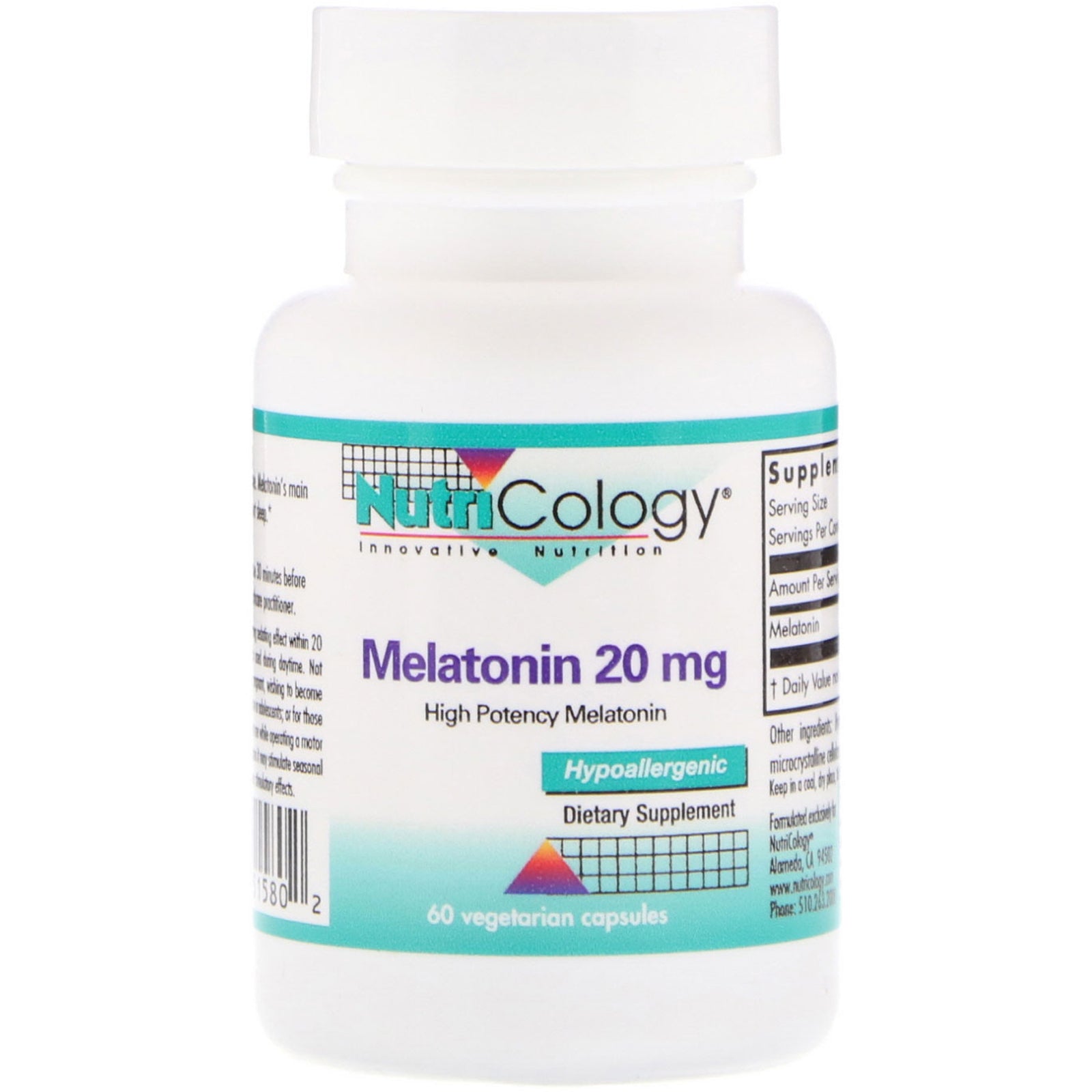 Nutricology, Melatonin, 20 mg, 60 Vegetarian Capsules