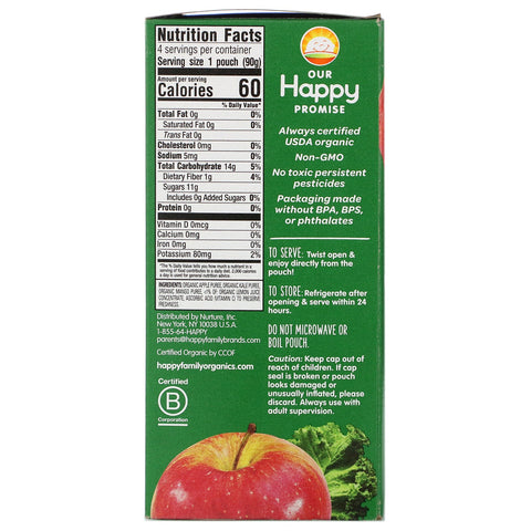 Happy Family s, Happy Kid, æble, grønkål og mango, 4 poser, 90 g (3,17 oz) hver