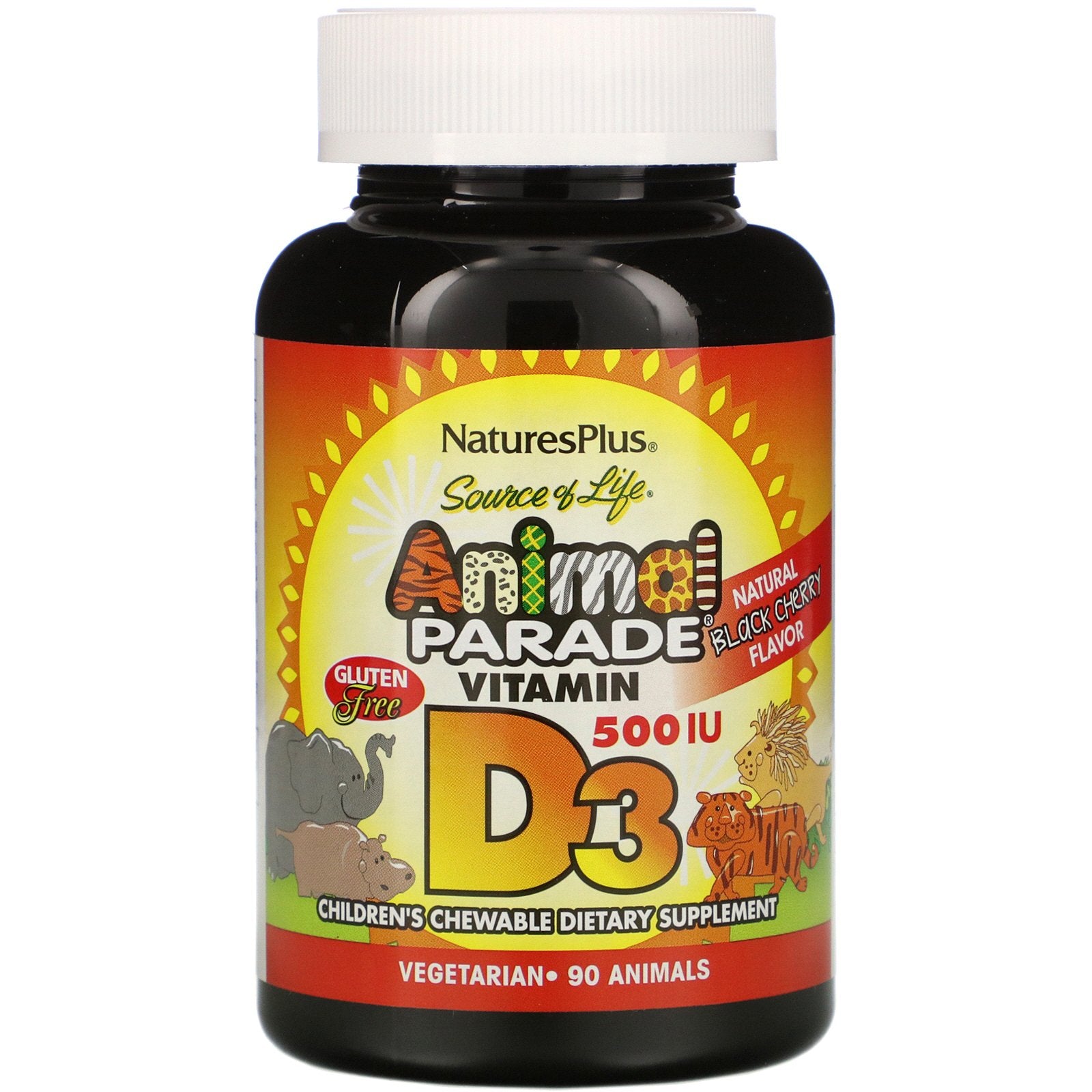 Nature's Plus, Source of Life, Animal Parade, Vitamin D3, Natural Black Cherry Flavor, 500 IU, 90 Animal-Shaped Tablets