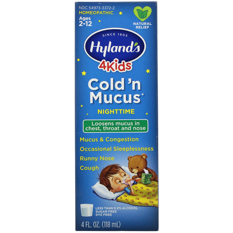 Hyland's, 4 Kids, Cold 'n Mucus Nighttime, edades 2-12, 4 fl oz (118 ml)