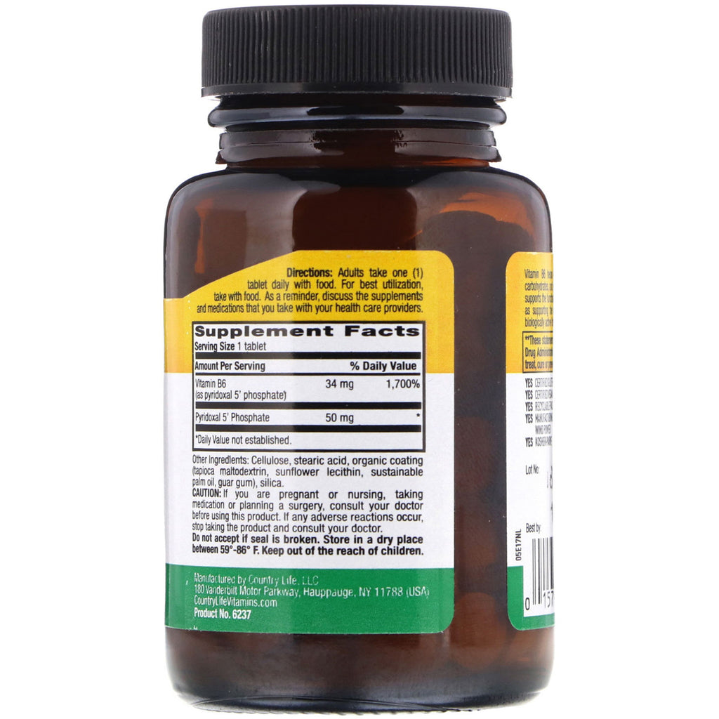 Country Life, P-5-P (Pyridoxal 5' fosfat), 50 mg, 100 tabletter
