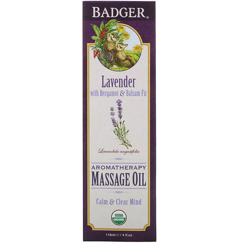 Badger Company, Aceite de masaje de aromaterapia, lavanda con bergamota y abeto balsámico, 4 fl oz (118 ml)