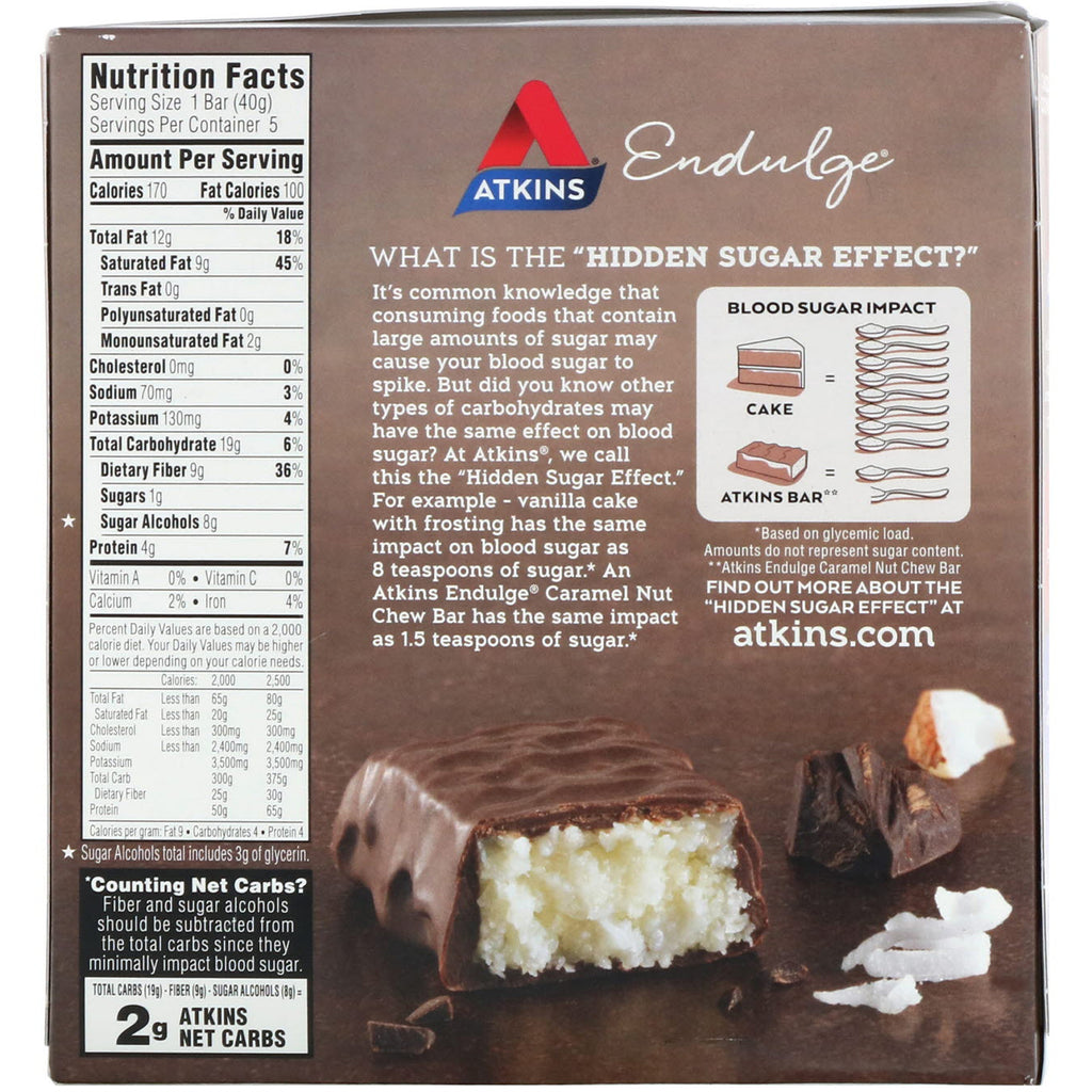 Atkins, Endulge, barra de chocolate y coco, 5 barras, 1,41 oz (40 g) cada una