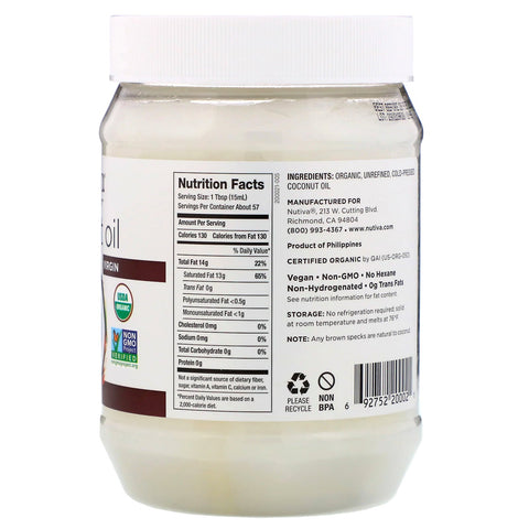 Nutiva,  Coconut Oil, Virgin, 29 fl oz (858 ml)