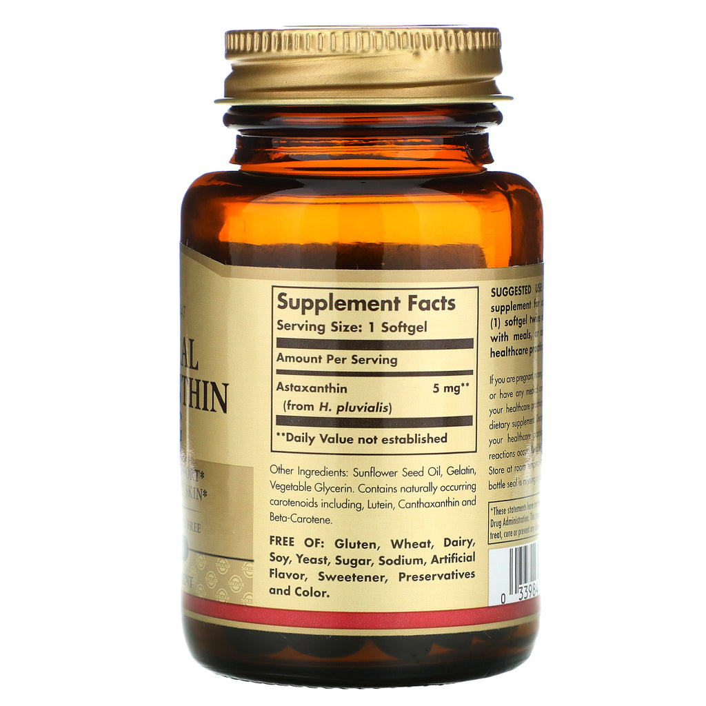 Solgar, astaxantina natural, 5 mg, 60 cápsulas blandas