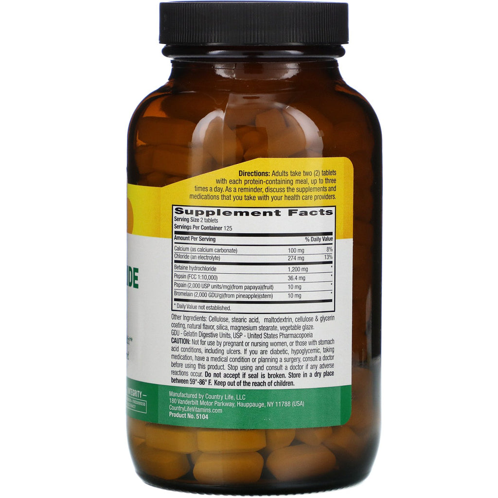 Country Life, Clorhidrato de betaína con pepsina, 600 mg, 250 tabletas