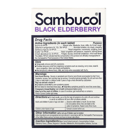 Sambucol, sort hyldebær, forkølelses- og influenzalindring, 30 tabletter med hurtig opløsning