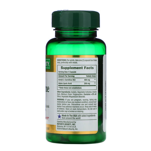 Nature's Bounty, Acetil L-Carnitina HCI, 400 mg, 30 cápsulas