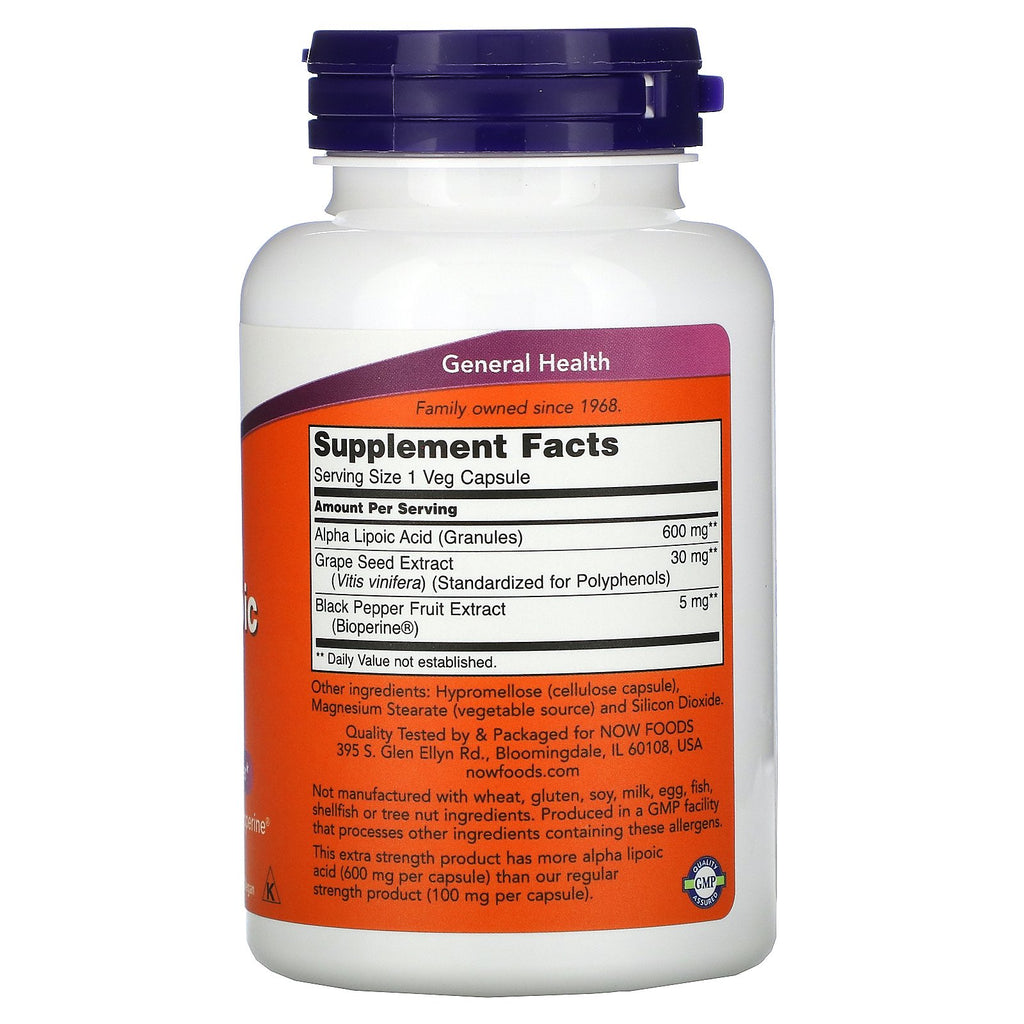 Now Foods, Ácido alfa lipoico, extra fuerte, 600 mg, 120 cápsulas vegetales