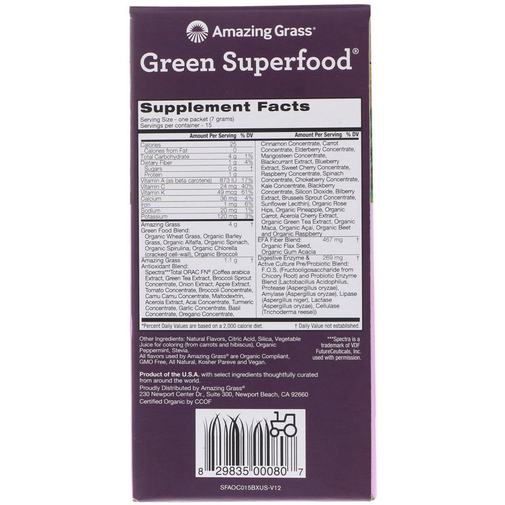 Amazing Grass, Green Superfood, Antioxidant, Sweet Berry , 15 Individual Packets, 0.24 oz (7 g) Each