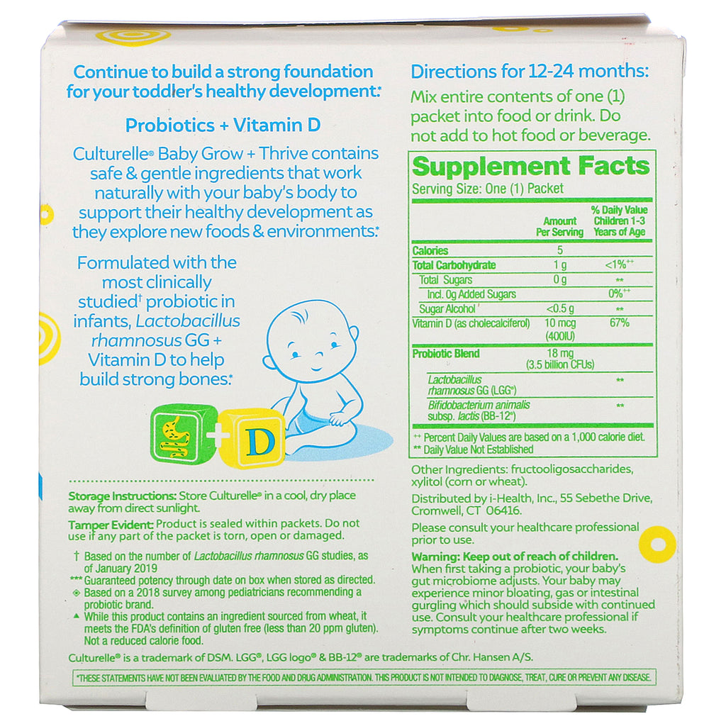 Culturelle, Probióticos, Bebé, Crecer + Prosperar, paquetes de probióticos + vitamina D, 12 a 24 meses, sin sabor, 30 paquetes de una sola porción