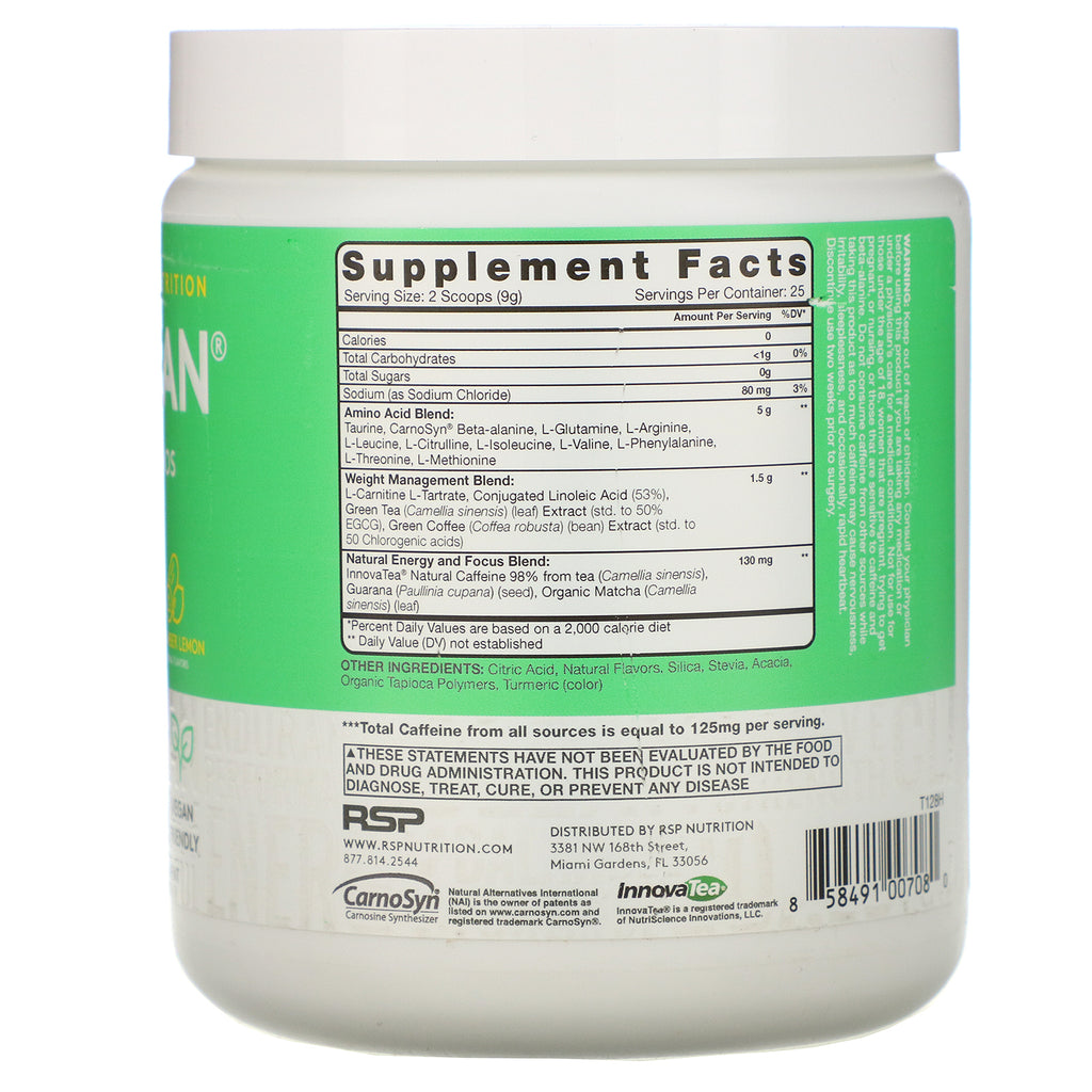 RSP Nutrition, AminoLean, aminoácidos veganos esenciales, pepino y limón, 225 g (7,94 oz)