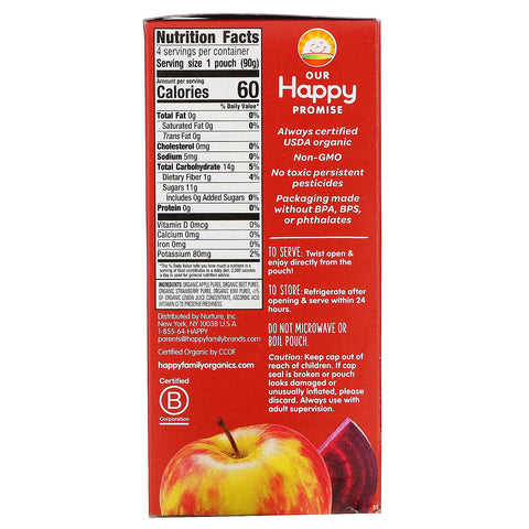 Happy Family s, Happy Kid, æble, sukkerroer, jordbær og kiwi, 4 poser, 90 g (3,17 oz) hver