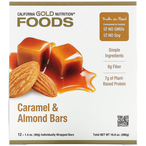 California Gold Nutrition, Alimentos, barras de caramelo y almendras, 12 barras, 1,4 oz (40 g) cada una