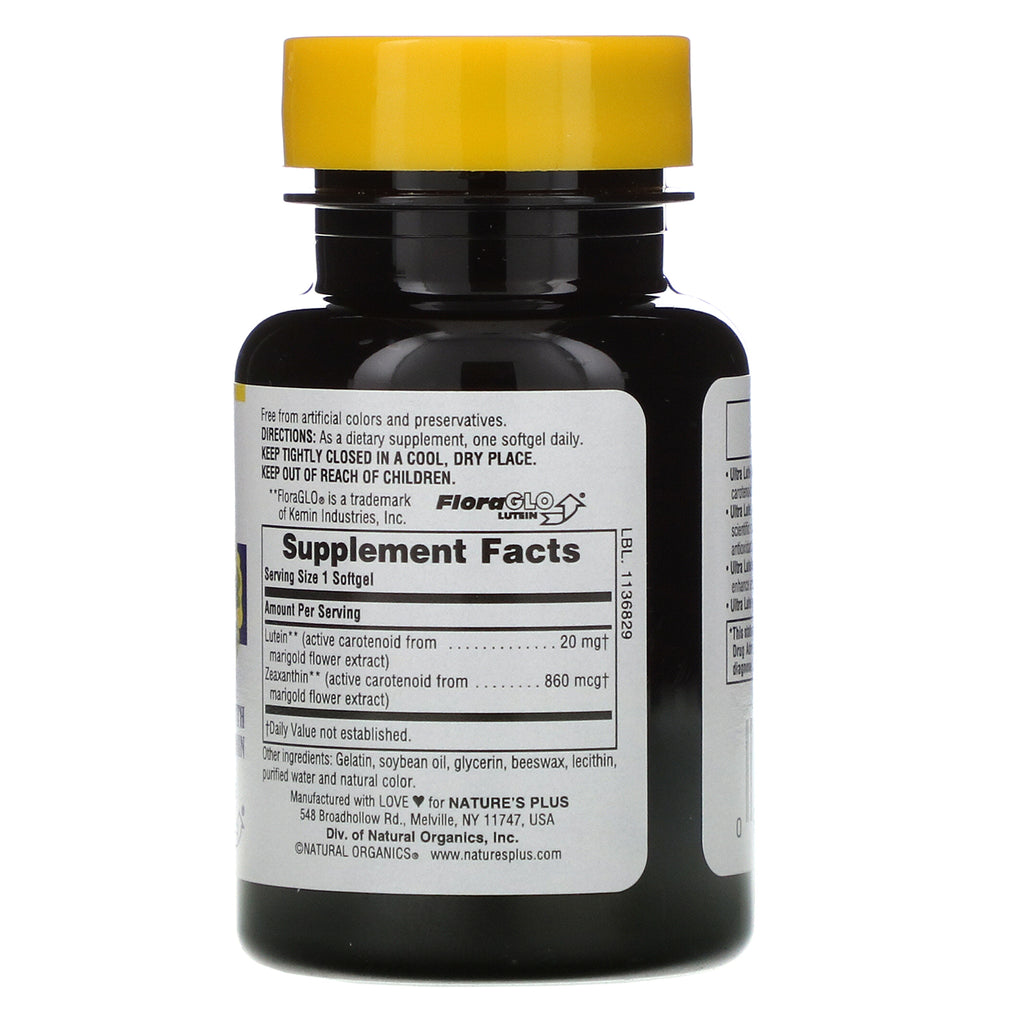 Nature's Plus, Ultra luteína, potencia máxima, 20 mg, 60 cápsulas blandas