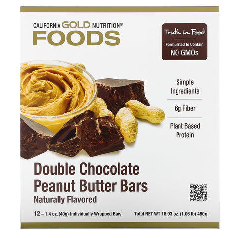 California Gold Nutrition, Foods, Double Chocolate Peanut Butter Flavor Bars, 12 Bars, 1,4 oz (40 g) hver