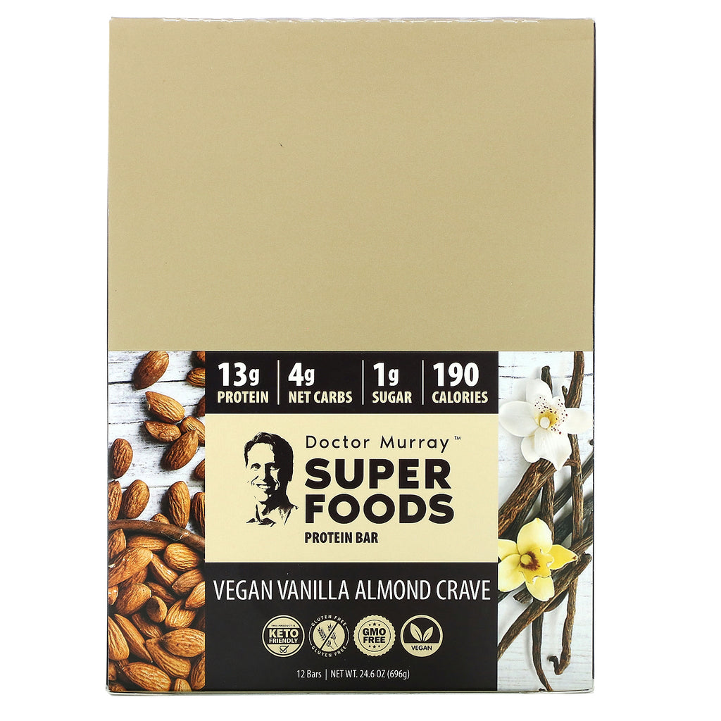 Dr. Murray's, Barras de proteínas Superfoods, antojo vegano de vainilla y almendras, 12 barras, 2,05 oz (58 g) cada una