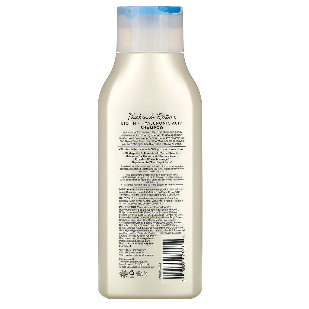 Jason Natural, Thicken &amp; Restore Biotin + Hyaluronic Acid Shampoo, 16 fl oz (473 ml)