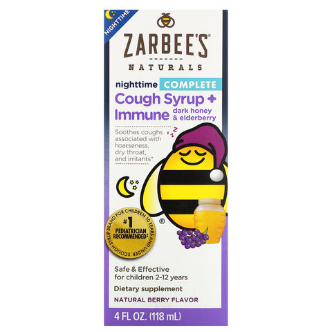 Zarbee's, Children's Complete, Nighttime Cough Syrup + Immune, Dark Honey & Elderberry, Natural Berry Flavor, 4 fl oz (118 ml)