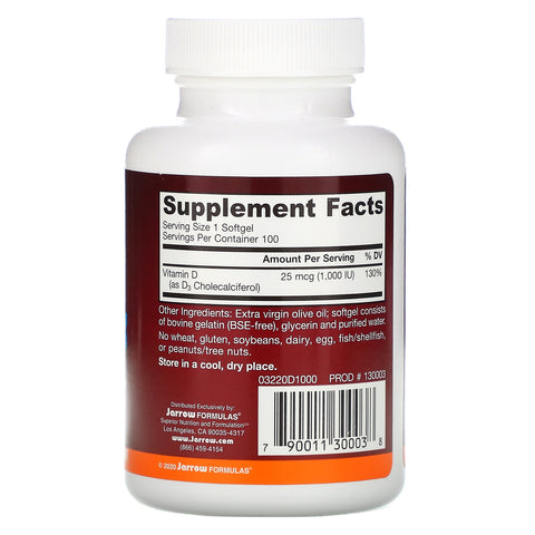Jarrow Formulas, vitamina D3, colecalciferol, 25 mcg (1000 UI), 100 cápsulas blandas