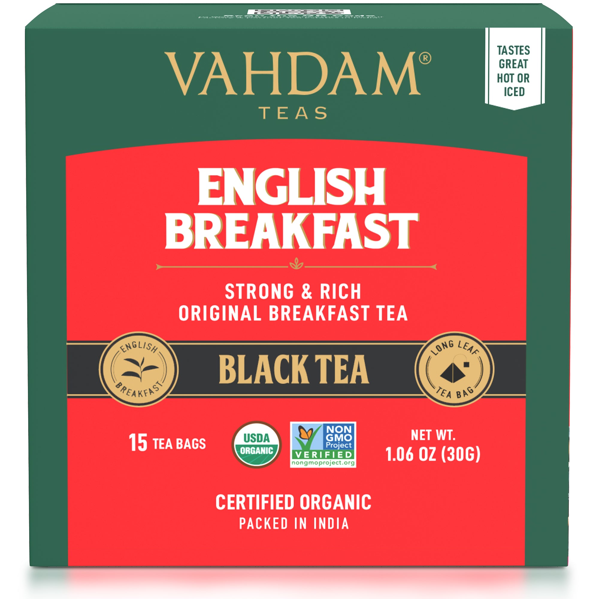Vahdam Teas, Black Tea, English Breakfast, 15 Tea Bags, 1.06 oz (30 g)