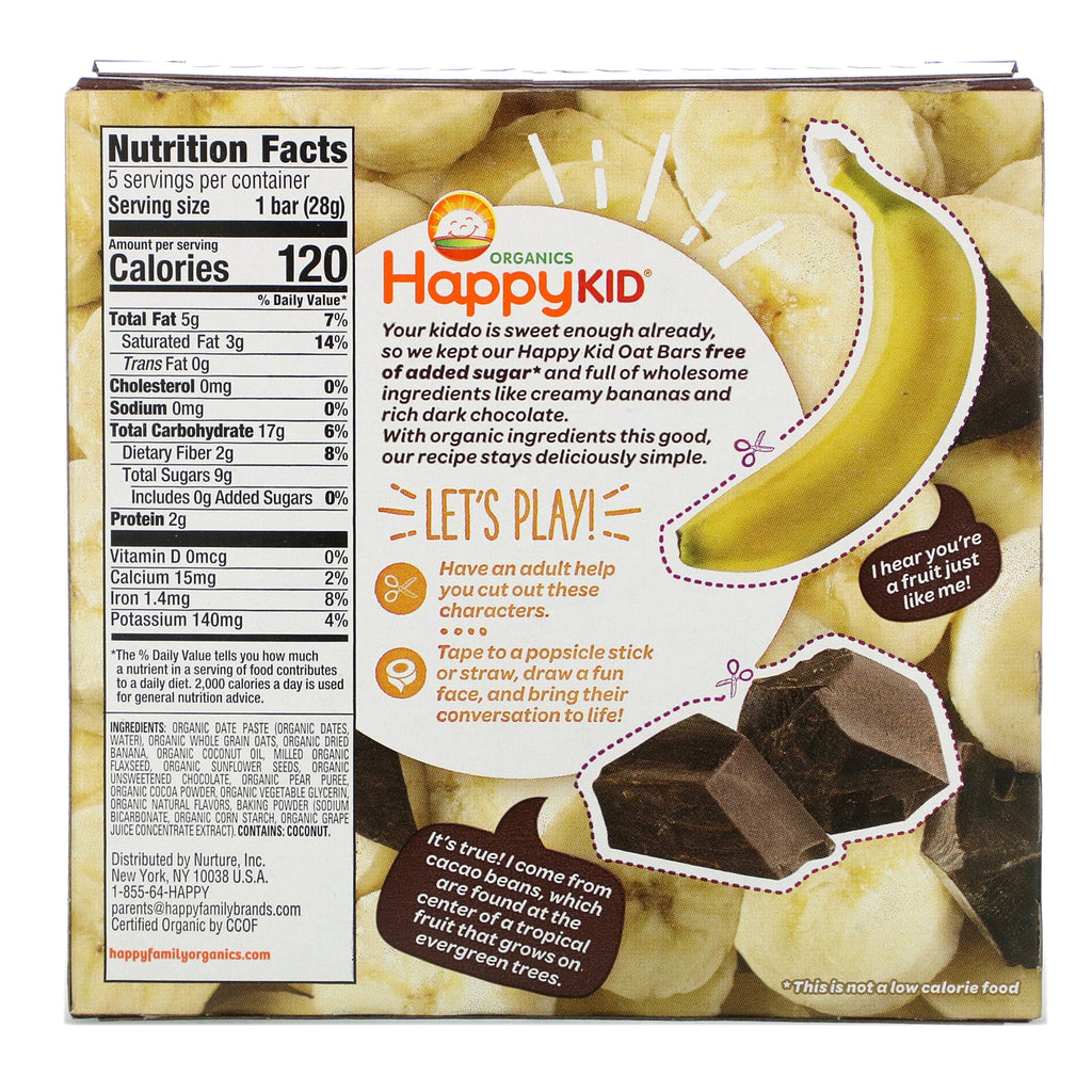 Happy Family s, Happy Kid, barra de plátano + chocolate, fruta y avena, 5 barras, 28 g (0,99 oz) cada una
