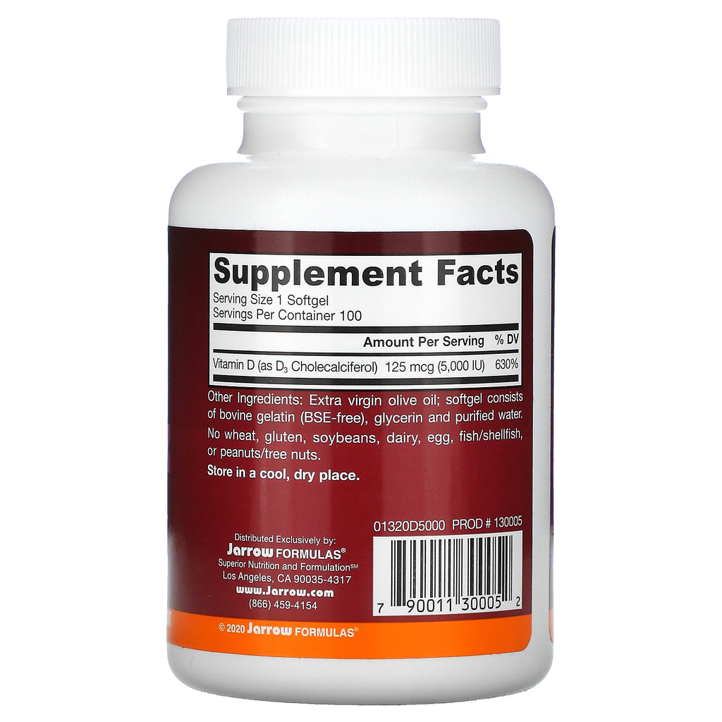 Jarrow Formulas, vitamina D3, colecalciferol, 125 mcg (5000 UI), 100 cápsulas blandas