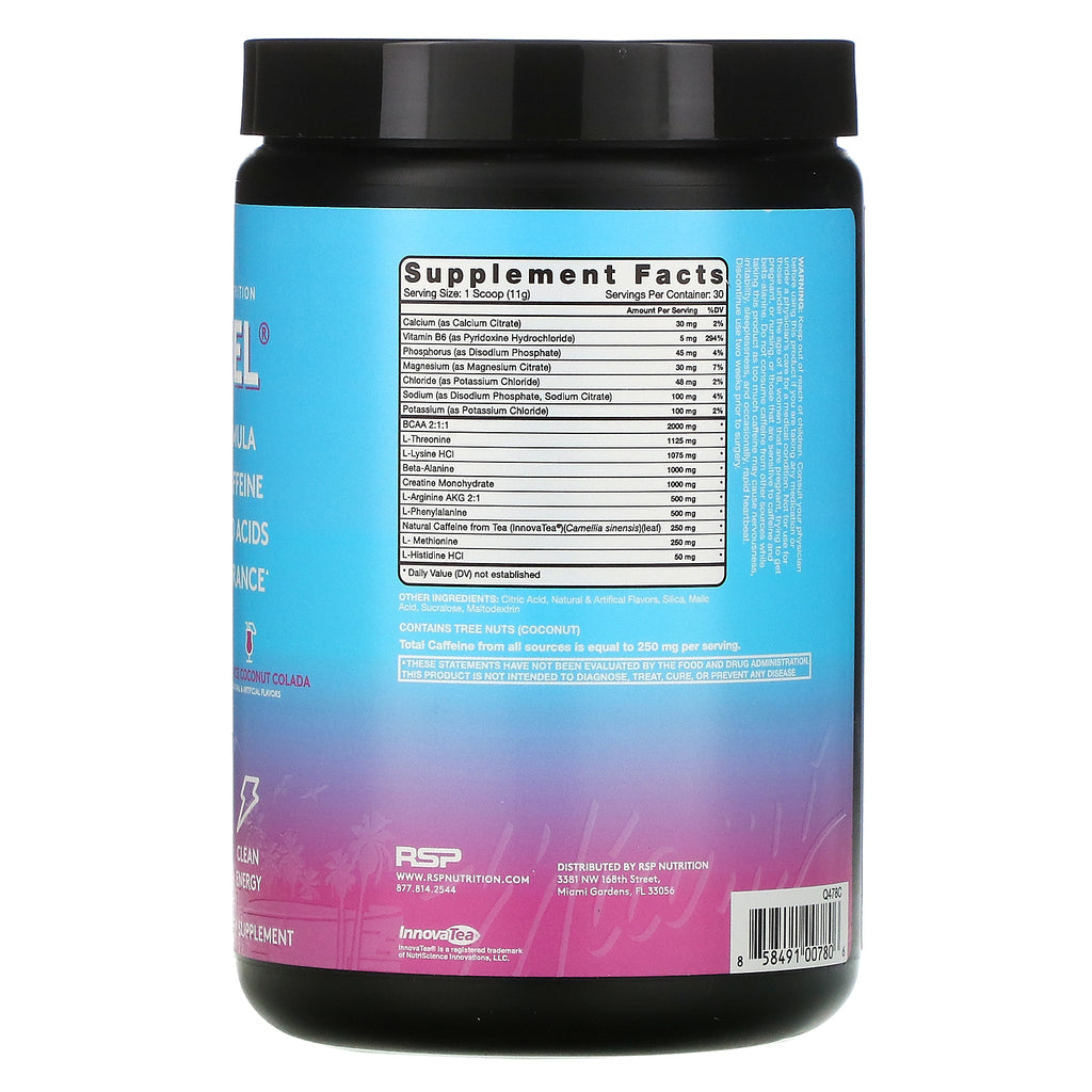 RSP Nutrition, Fast Fuel, fórmula preentrenamiento, hidratación y resistencia, colada de coco Miami Vice, 11,64 oz (330 g)