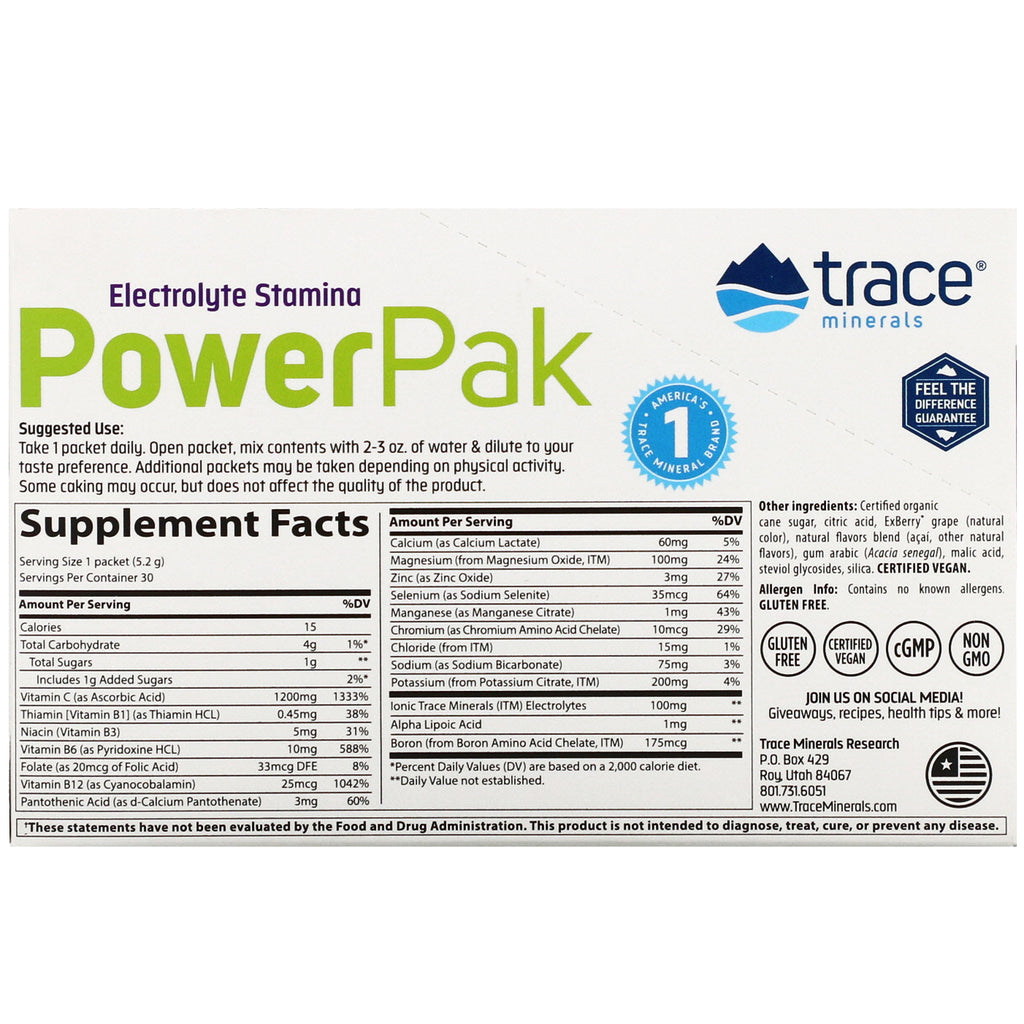 Trace Minerals Research, Electrolyte Stamina PowerPak, Acai Berry, 30 paquetes, 0,18 oz (5,2 g) cada uno