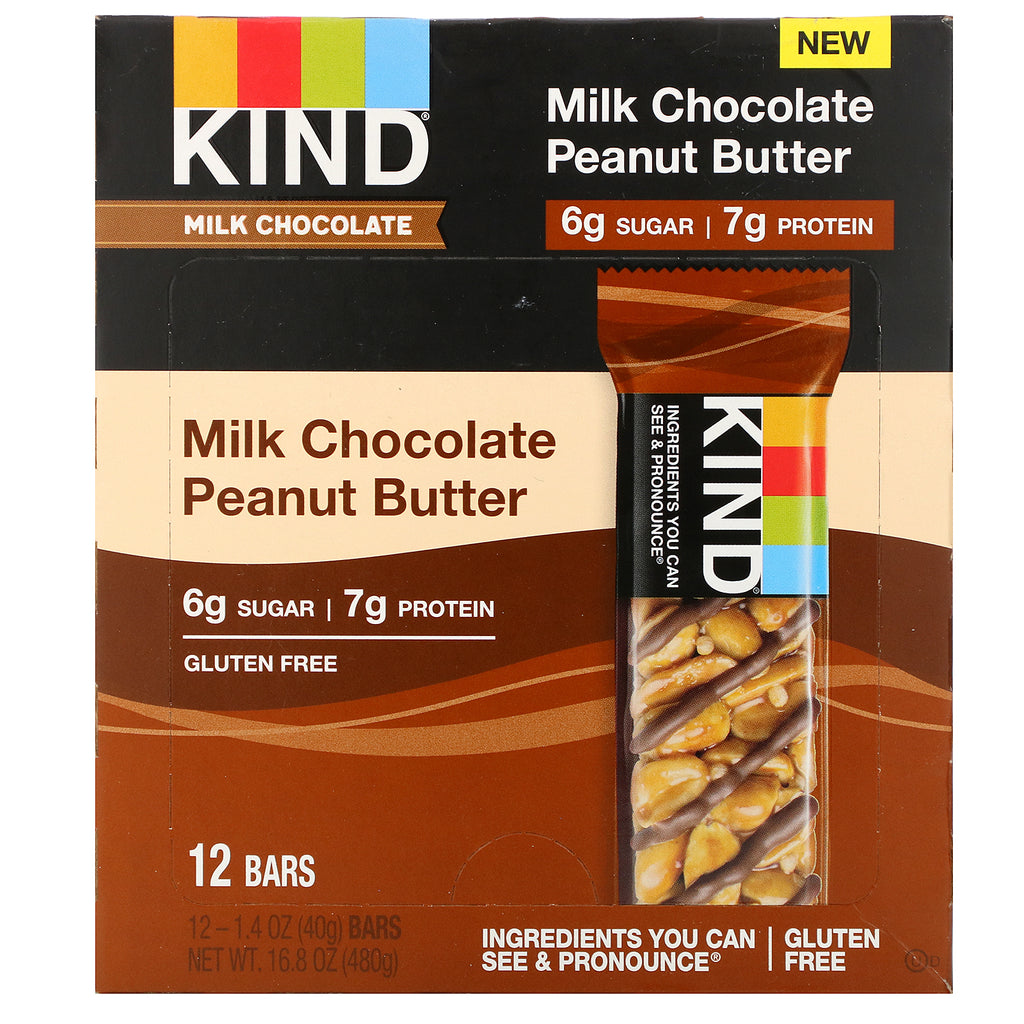 Barras KIND, chocolate con leche, mantequilla de maní, 12 barras, 1,4 oz (40 g) cada una