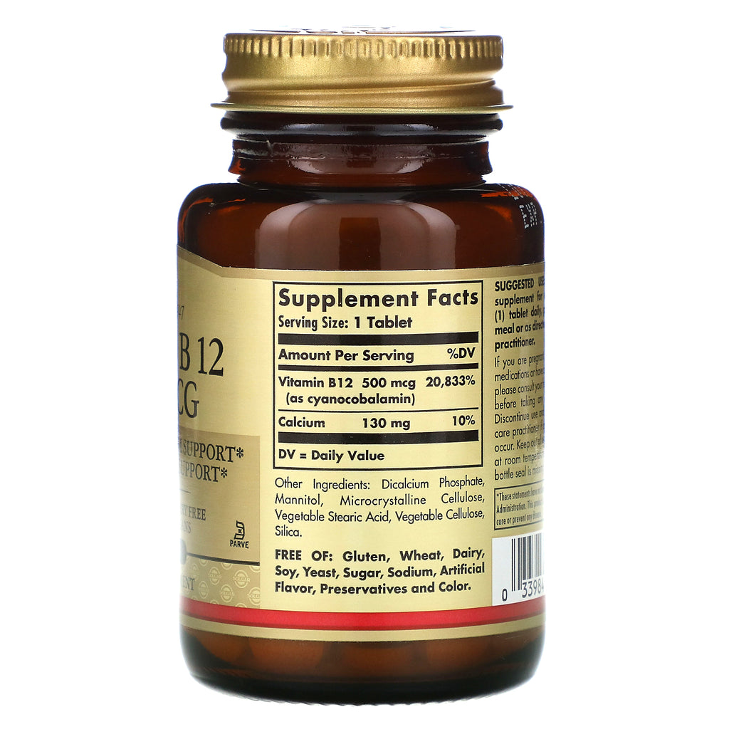 Solgar, vitamin B12, 500 mcg, 100 tabletter
