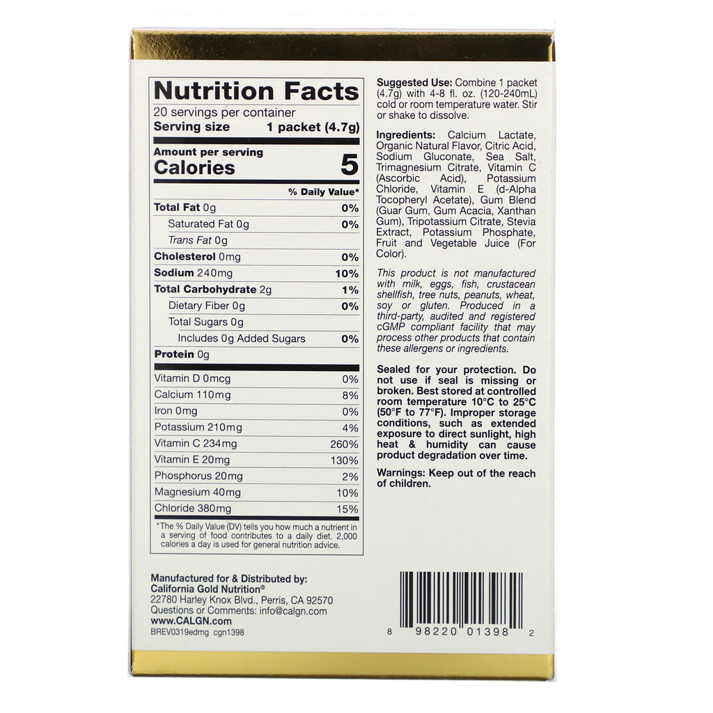 California Gold Nutrition, HydrationUP, mezcla de bebida con electrolitos, uva, 20 paquetes, 4,7 g (0,17 oz) cada uno