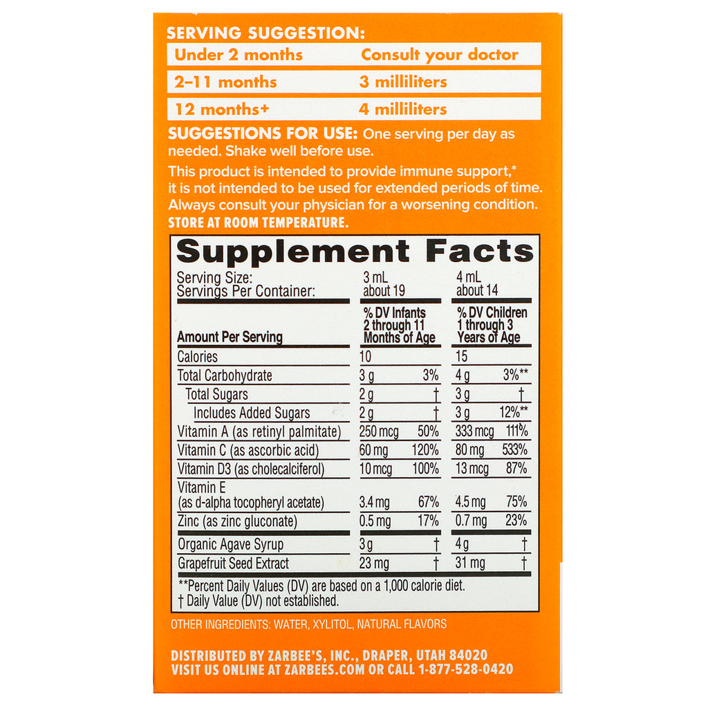 Zarbee, baby, immunstøtte og vitaminer, naturlig appelsinsmag, 2 fl oz (59 ml)
