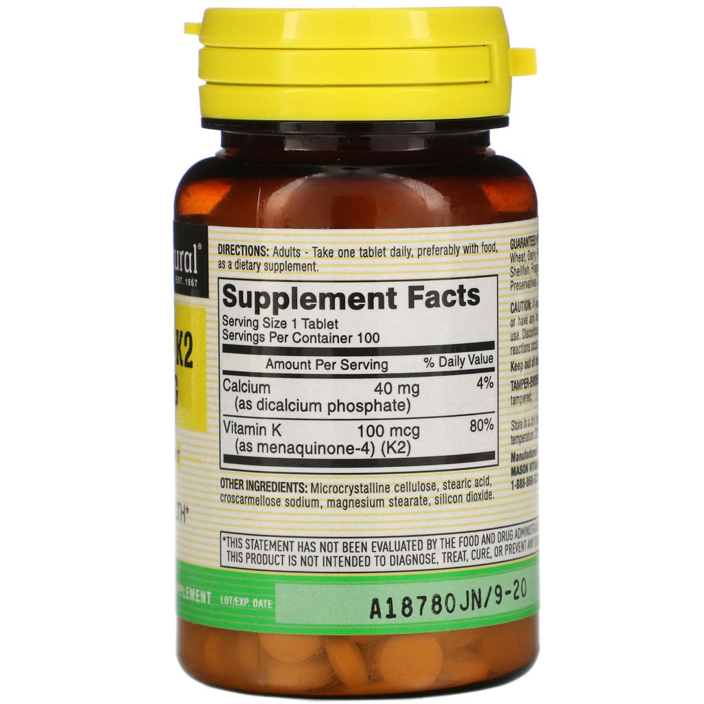 Mason Natural, Vitamin K2, 100 mcg, 100 tabletter
