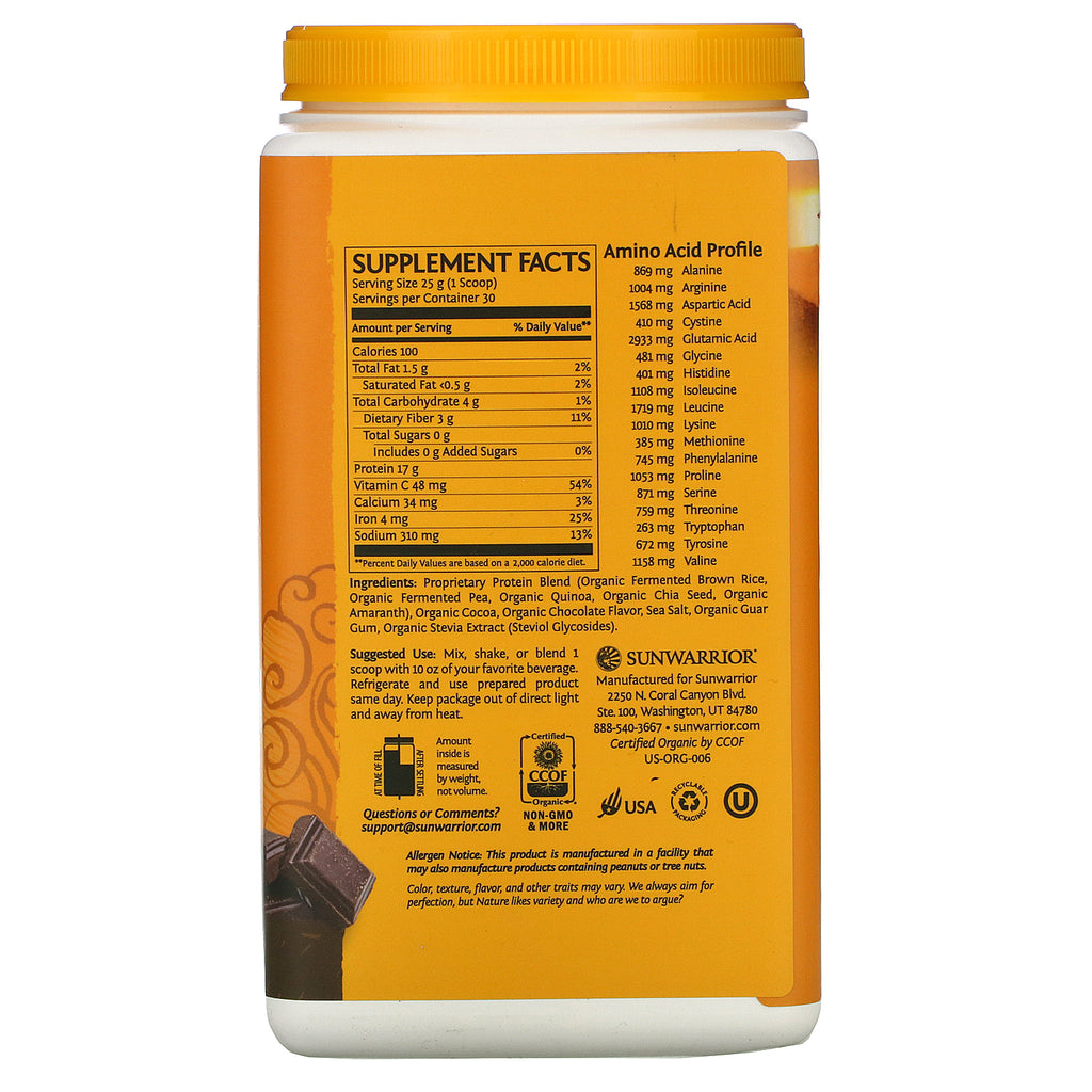 Sunwarrior, Protein Classic Plus, a base de plantas, chocolate, 1,65 lb (750 g)