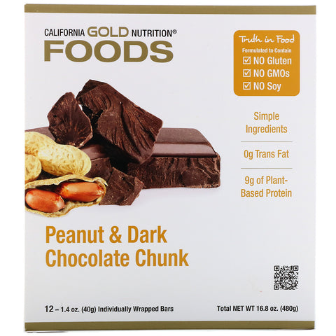 California Gold Nutrition, fødevarer, jordnødde- og mørk chokoladestykker, 12 barer, 1,4 oz (40 g) hver