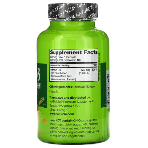 NATURELO, vitamina D3, de origen vegetal, 125 mcg (5000 UI), 180 cápsulas fáciles de tragar