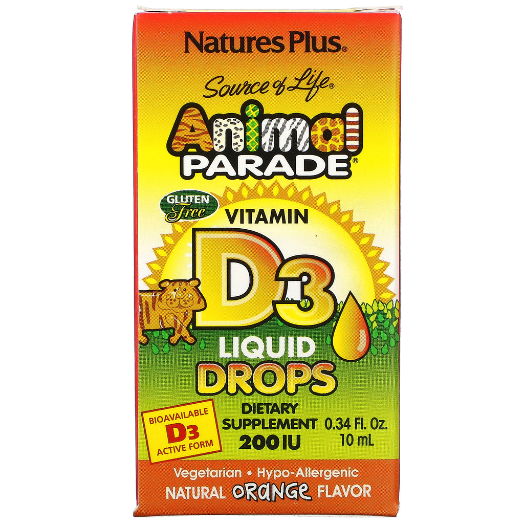 Nature's Plus, Source of Life, Animal Parade, Vitamin D3 Liquid Drops, Natural Orange Flavor, 200 IU, 0.34 fl oz (10 ml)