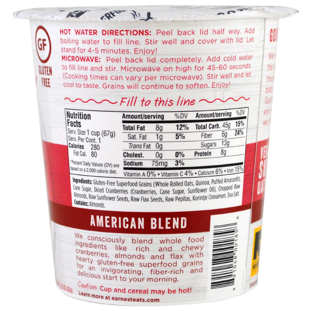 Earnest Eats, Superfood Oatmeal, Cranberry + Almond + Flax, American Blend, 2.35 oz (67 g)