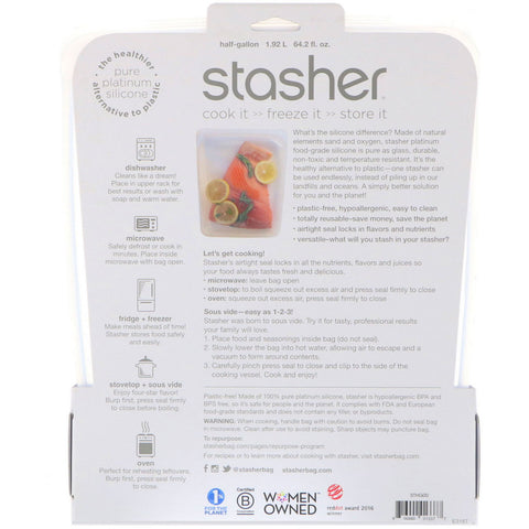 Stasher, Bolsa reutilizable de silicona para alimentos, bolsa de medio galón, transparente, 64,2 fl oz (1,92 l)