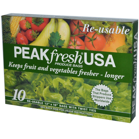 PEAKfresh USA, Produce Bags, Reusable, 10 - 12" x 16" Bags, with Twist Ties