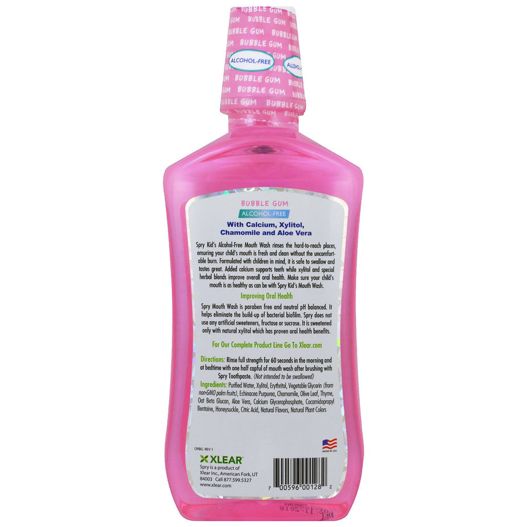 Xlear, Kid's Spry Mouth Wash, Emaljestøtte, Alkoholfri, Natural Bubble Gum, 16 fl oz (473 ml)