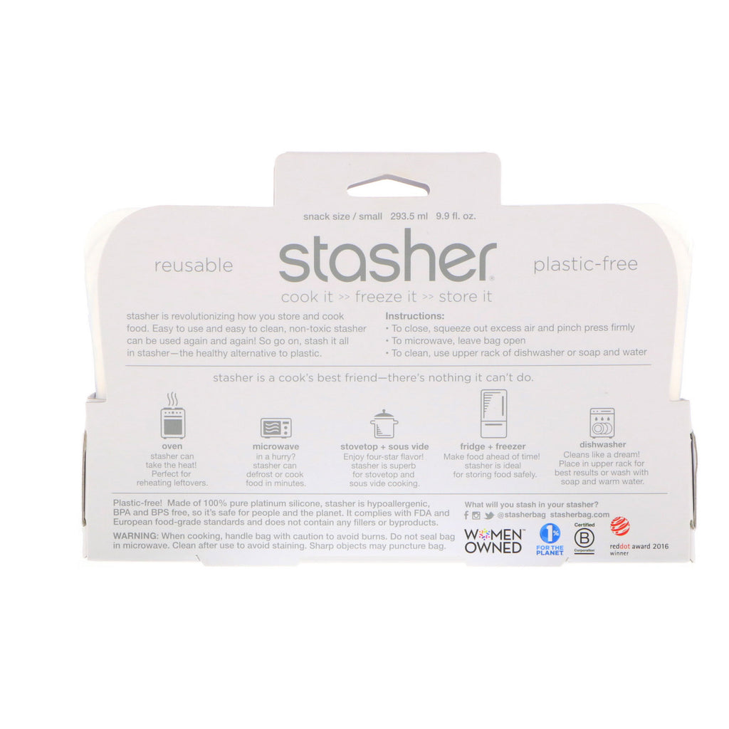 Stasher, genanvendelig silikonemadpose, Snackstørrelse Small, Clear, 9,9 fl oz (293,5 ml)