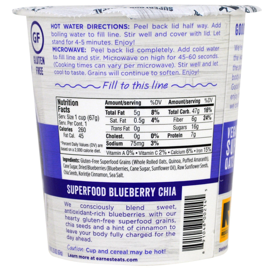 Earnest Eats, SuperFood Oatmeal Cup, Blueberry + Chia + Cinnamon, Superfood Blueberry Chia, 2.35 oz (67 g)