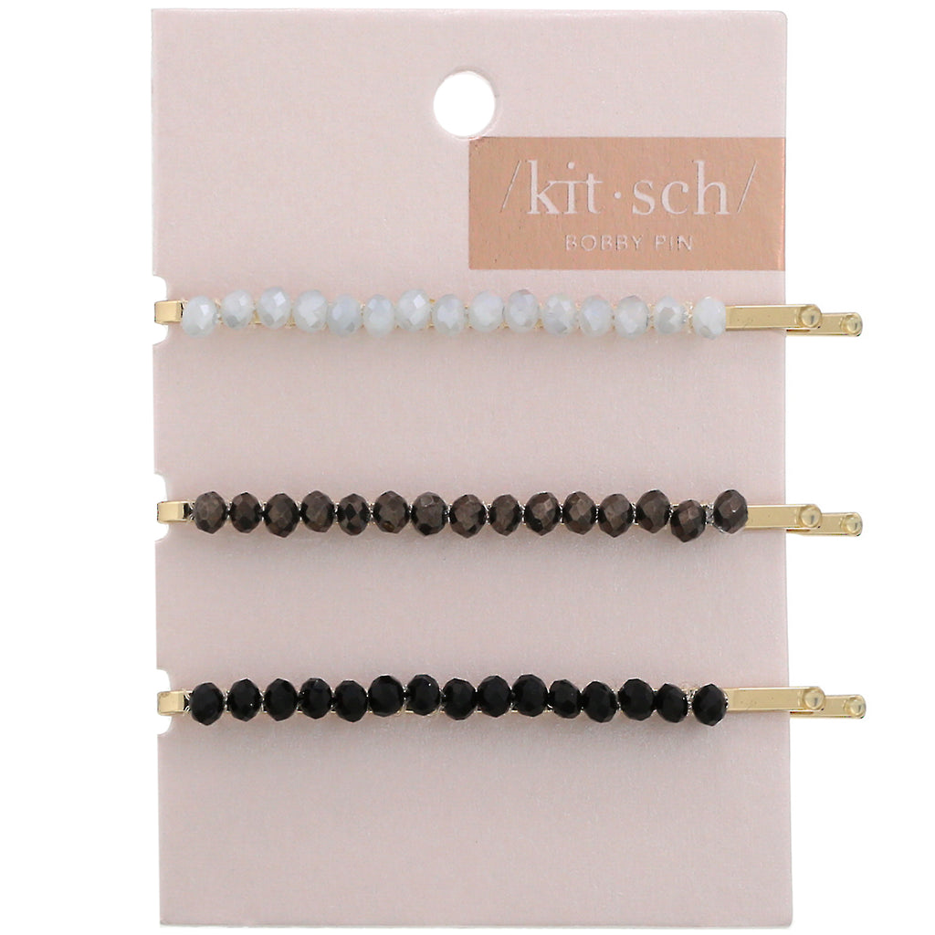 Kitsch, Beaded Bobby Pins, Black/Silver, 3 Pieces
